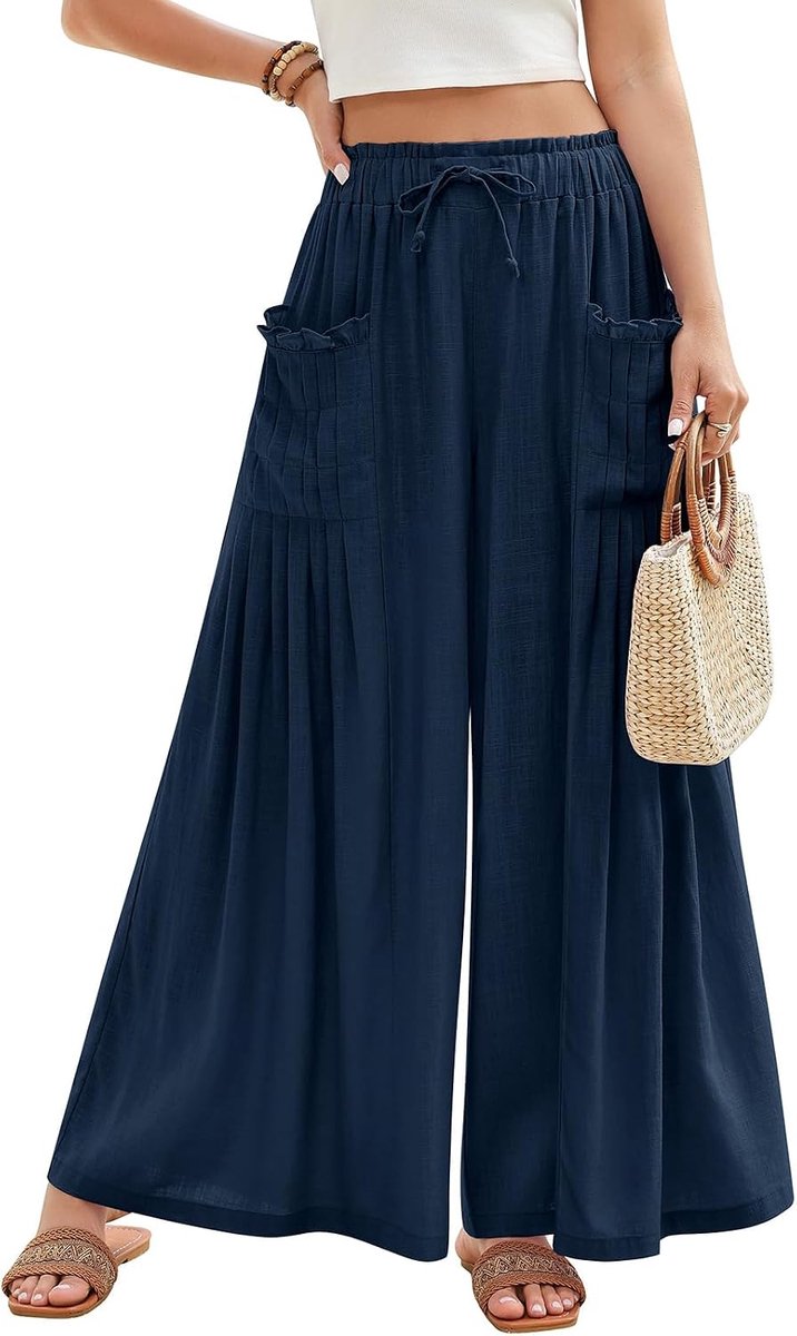 Zomerbroek voor dames, lichte wijde palazzo broek, zomer, linnen broek, elastische taille, losse linnen broek, luchtige baggy, comfortabele vrijetijdsbroek, strandbroek, stoffen broek met