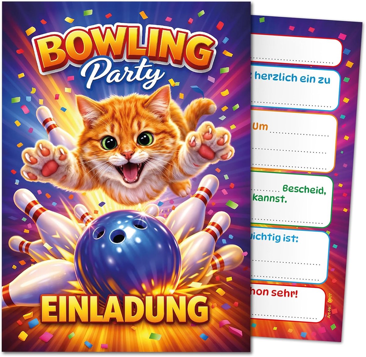 12 uitnodigingskaarten voor kinderverjaardag, bowling, meisjes, jongens, kinderen, bowlingparty, uitnodigingen, kegels, kat, verjaardag, verjaardagsuitnodigingen, jongensverjaardag