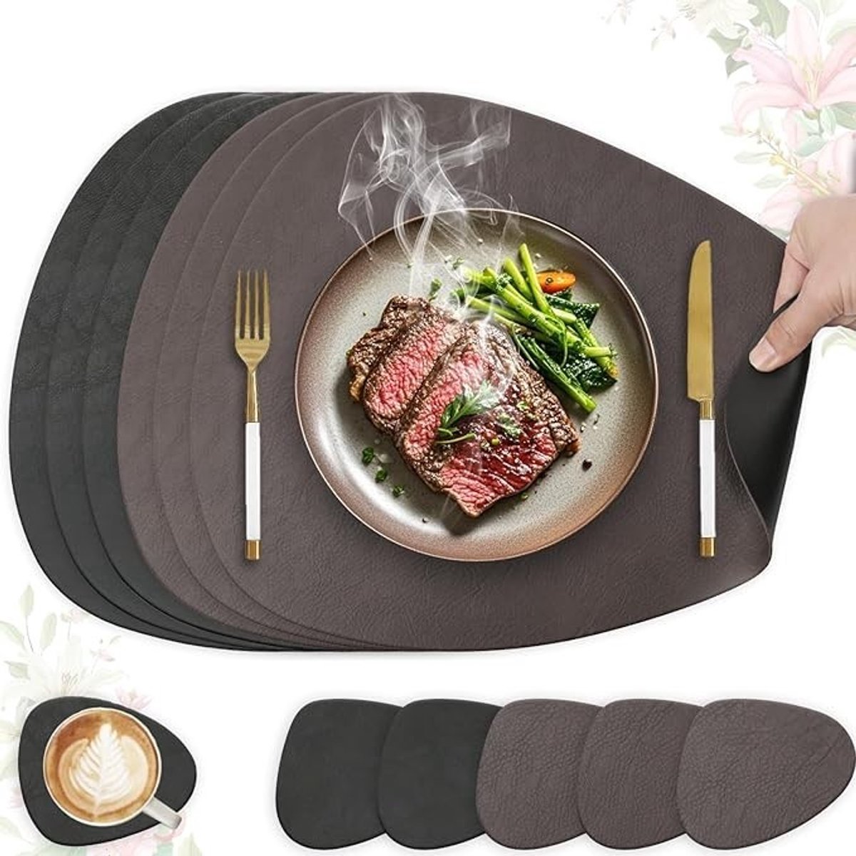 Livatto Set van 6 placemats van kunstleer, afwasbaar en waterdicht, met onderzetters, antislip, ovaal, donkerbruin