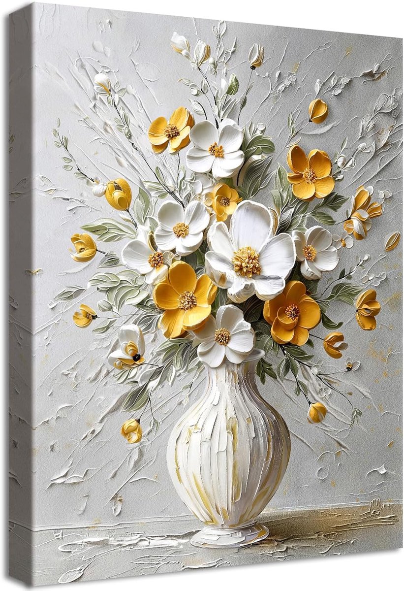 lijst, print op canvas, modern, wit, geel, beige, bloemen, poster, wanddecoratie, potplanten, botanisch, afbeelding op canvas, bloemen in vaas, wanddecoratie, woonkamer, slaapkamer, 40 x 60 cm