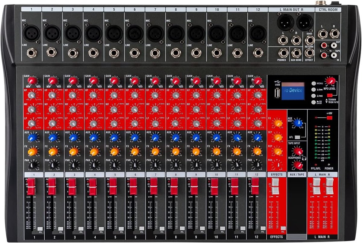 Audio-mixer, 12-kanaals DJ Stereo Sound mengconsole USB Bluetooth Hall Delay Effect Stereo DJ Mixer Digitale Audio Mixer Versterker
