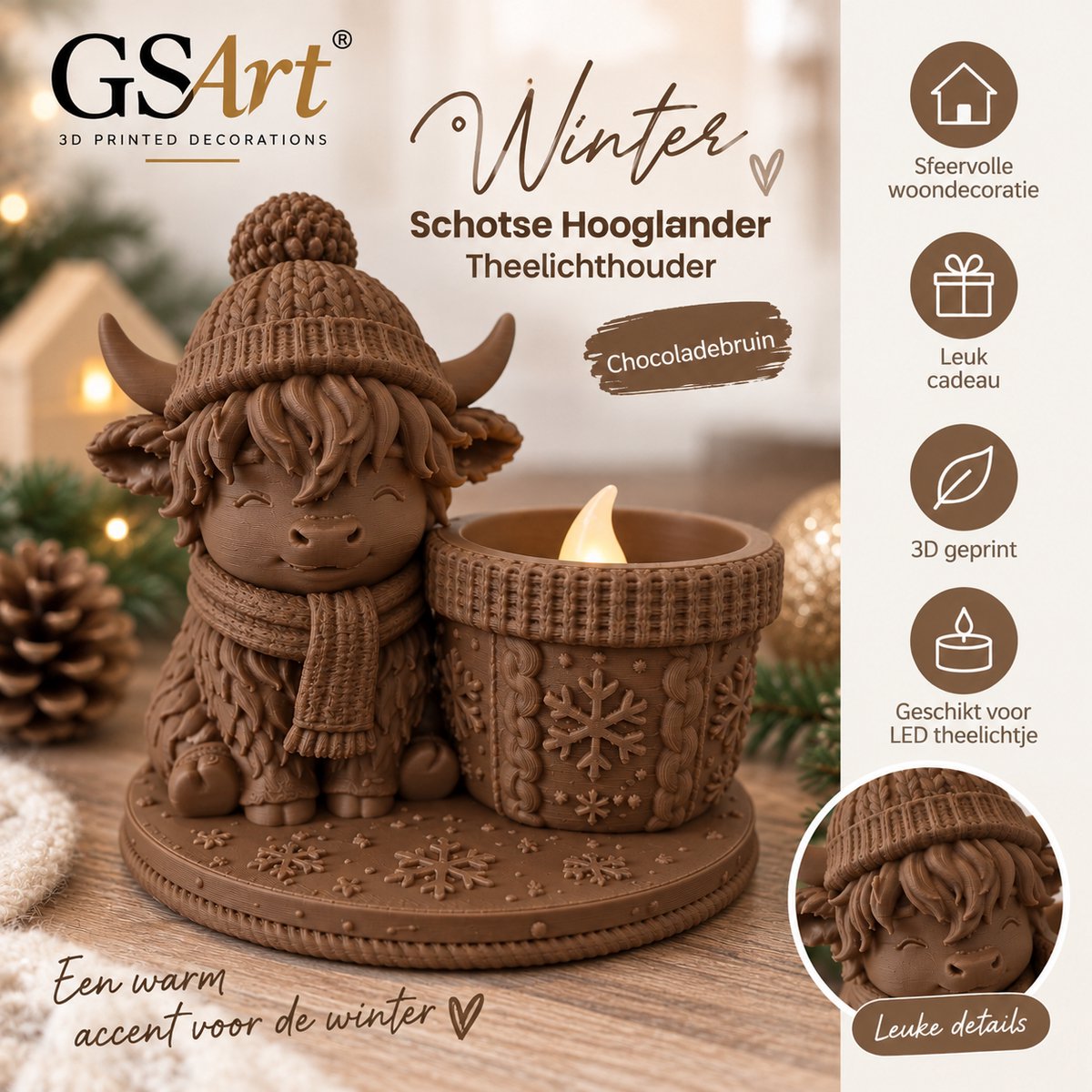 GSArt Theelichthouder Schotse Hooglander Winter – inclusief LED-kaarsje - Chocolade bruin
