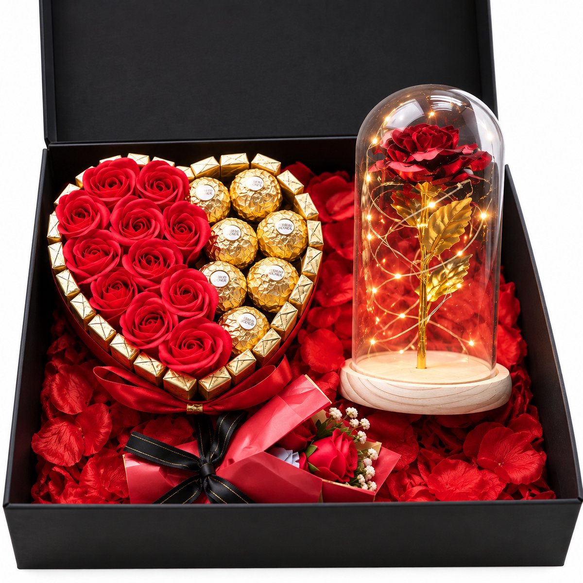 Nina’s Giftshop® Valentijn Cadeau voor Haar – Luxe Geschenkset – Chocolade Hart met Ferrero Rocher & Merci – LED Roos in Stolp – Cadeau voor Vrouw – Moederdag