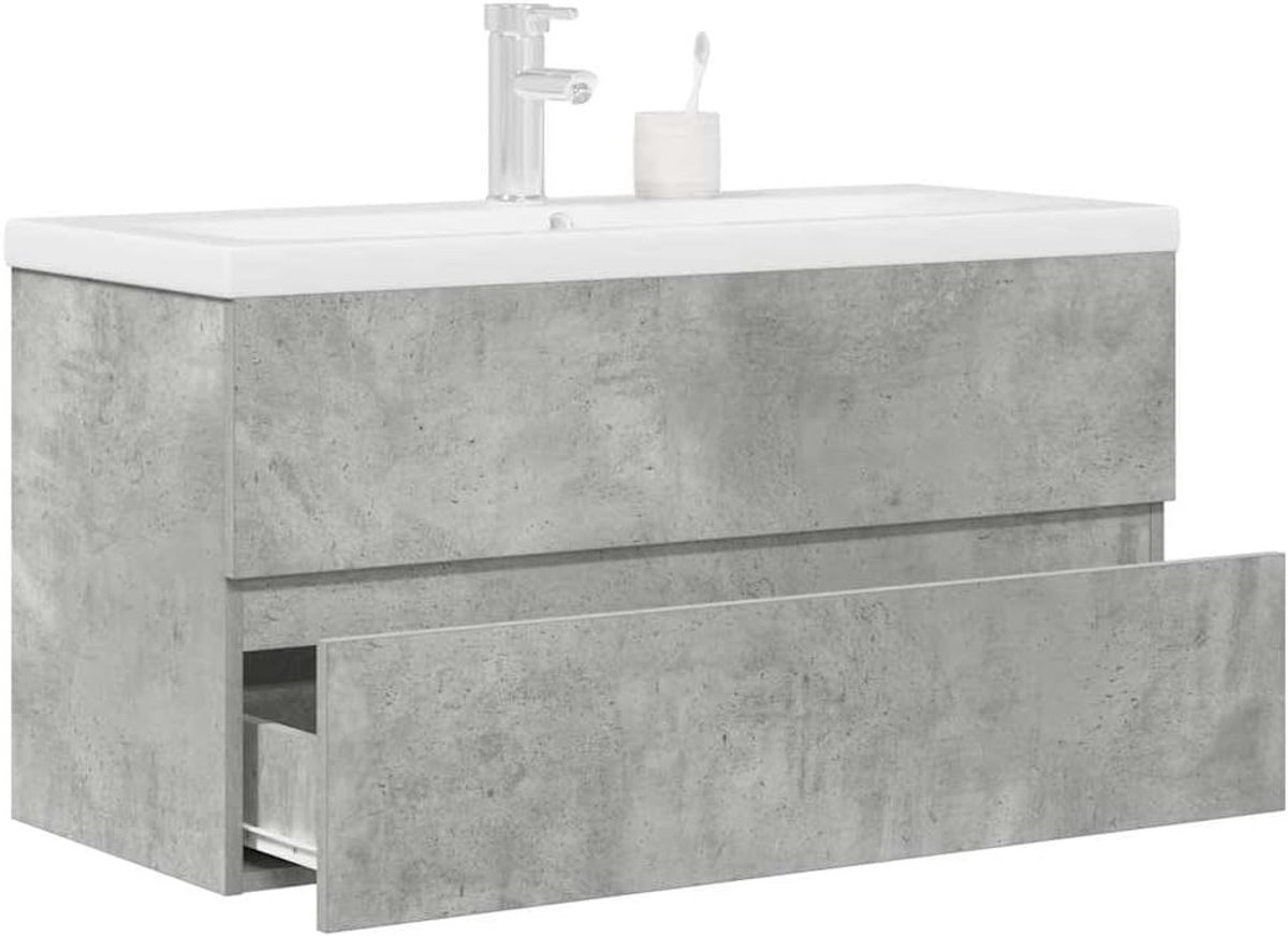 2-delige badkamermeubelset in betongrijs van houtmateriaal met wastafel en wandmontage voor optimaal gebruik van de ruimte en opbergruimte