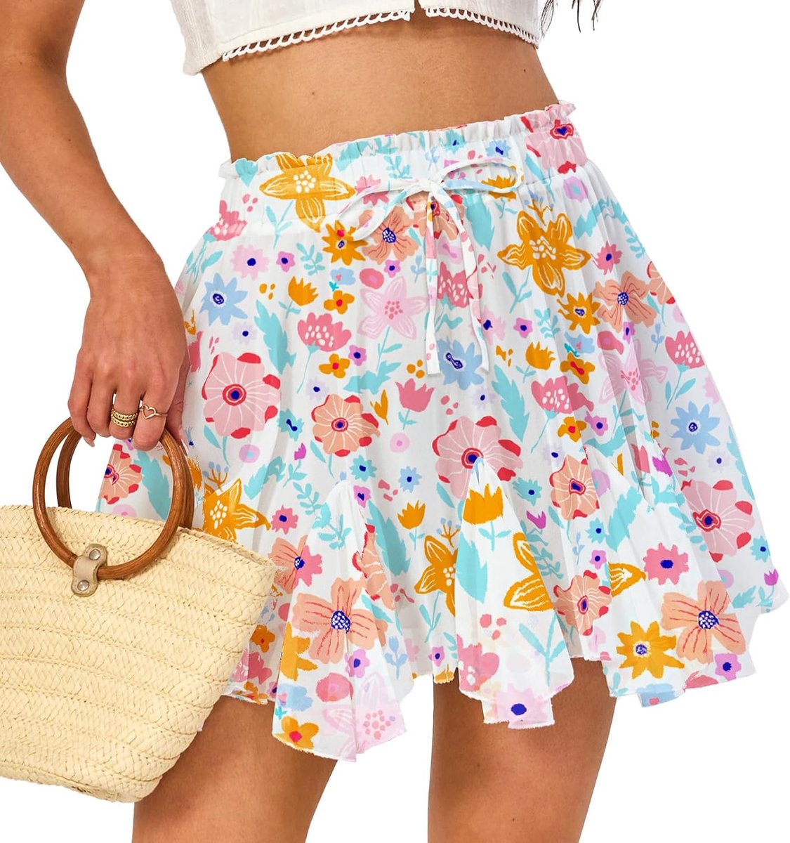 Minirok met Ruches van Chiffon Korte Rok met Trekkoord Elastische Tailleband en Voering, Sexy Bloemenluipaard Skaterrok