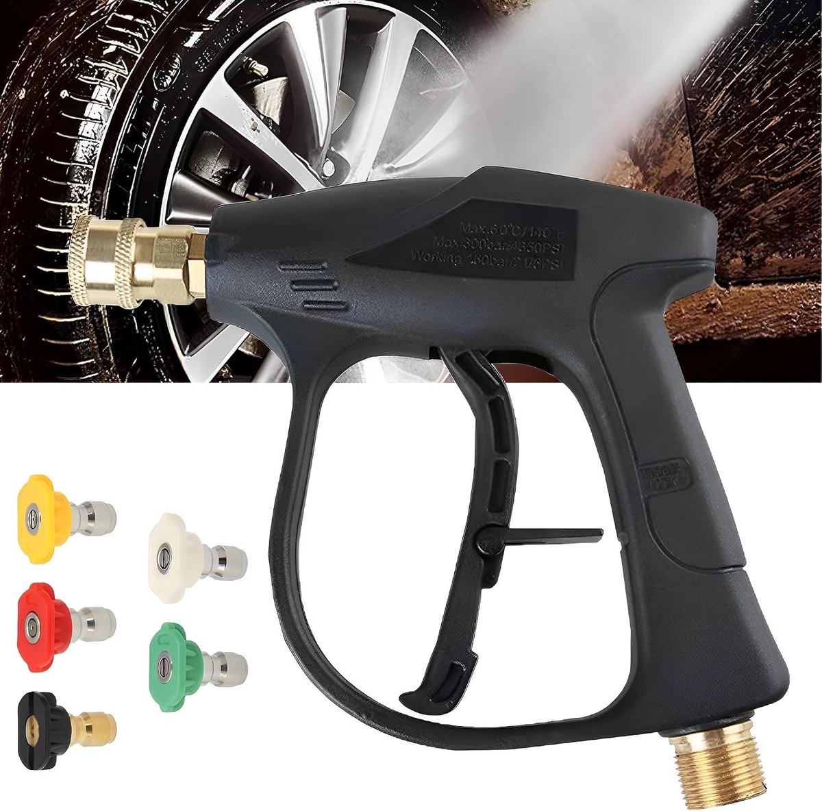 Hogedrukspuit Pistolengun - 5 verwisselbare spuitmonden - M22 14mm aansluiting - ideaal voor autowassen - ShopVlot