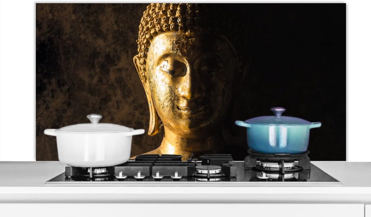 Spatscherm Keuken - 120x60 cm - Buddha - Boeddha beeld - Goud - Spiritueel - Zwart