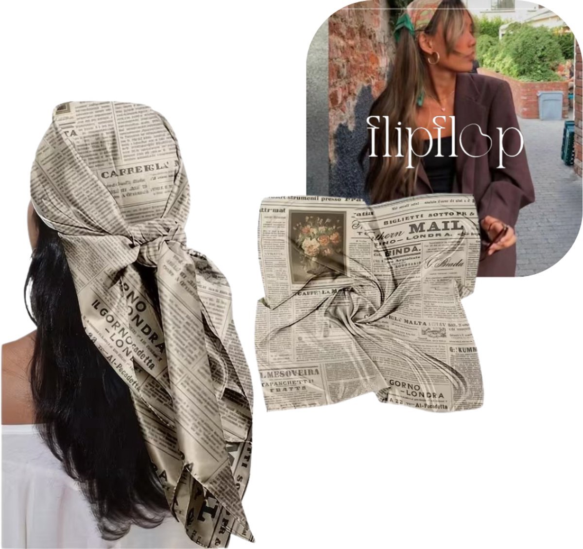 Flipflop Club® Scarf Vintage Newspaper | Satijnen Look Hoofdsjaal – Vierkante Hair Scarf / Haar Sjaal / Bandana – Zachte Satin Sjaal voor Haar, Hoofd & Nek – Print – 90x90 cm