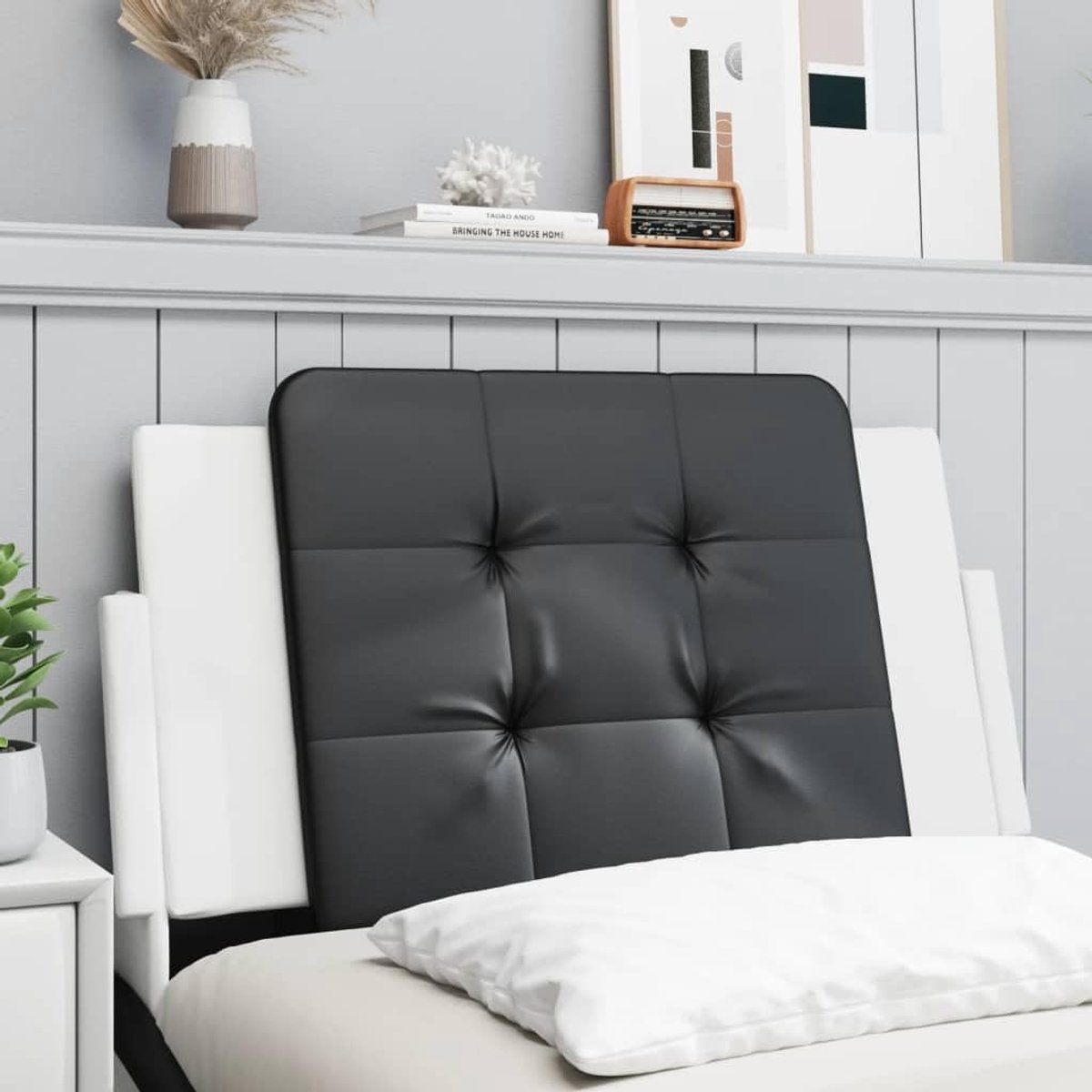 Hoofdbordkussen van kunstleer, 90 cm, zwart-wit, met ritssluiting en sponsvulling, voor wand- of bedframe