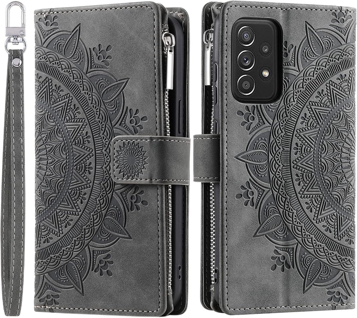 Hoes voor mobiele telefoon voor Samsung A33 5G, klaphoes met bloemenpatroon, klaphoes met kaartenvak, mobiele telefoon, bookcover, flipcase, standaard, grijs