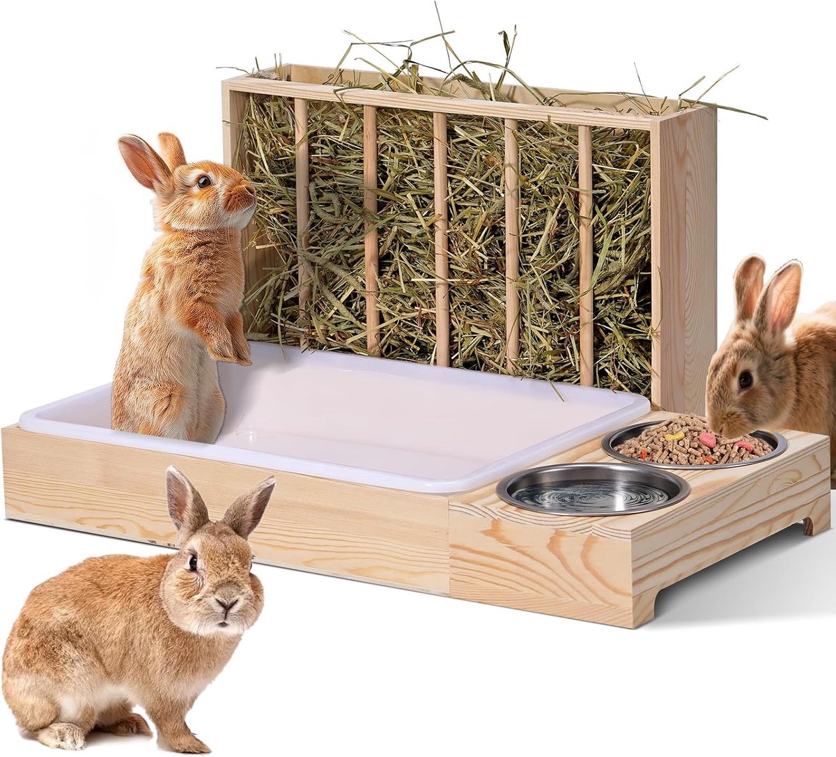 3-in-1 hooiruf voor konijnen, houten hooiruf met twee schalen, konijnenvoerdispenser met kattenbak, geschikt voor konijnen, cavia's, chinchilla's en andere kleine dieren