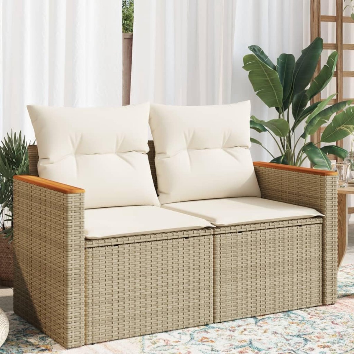 Tuinbank met kussen, 2-zits, beige, polyrotan, tuinbank voor buiten (SPU:366082)