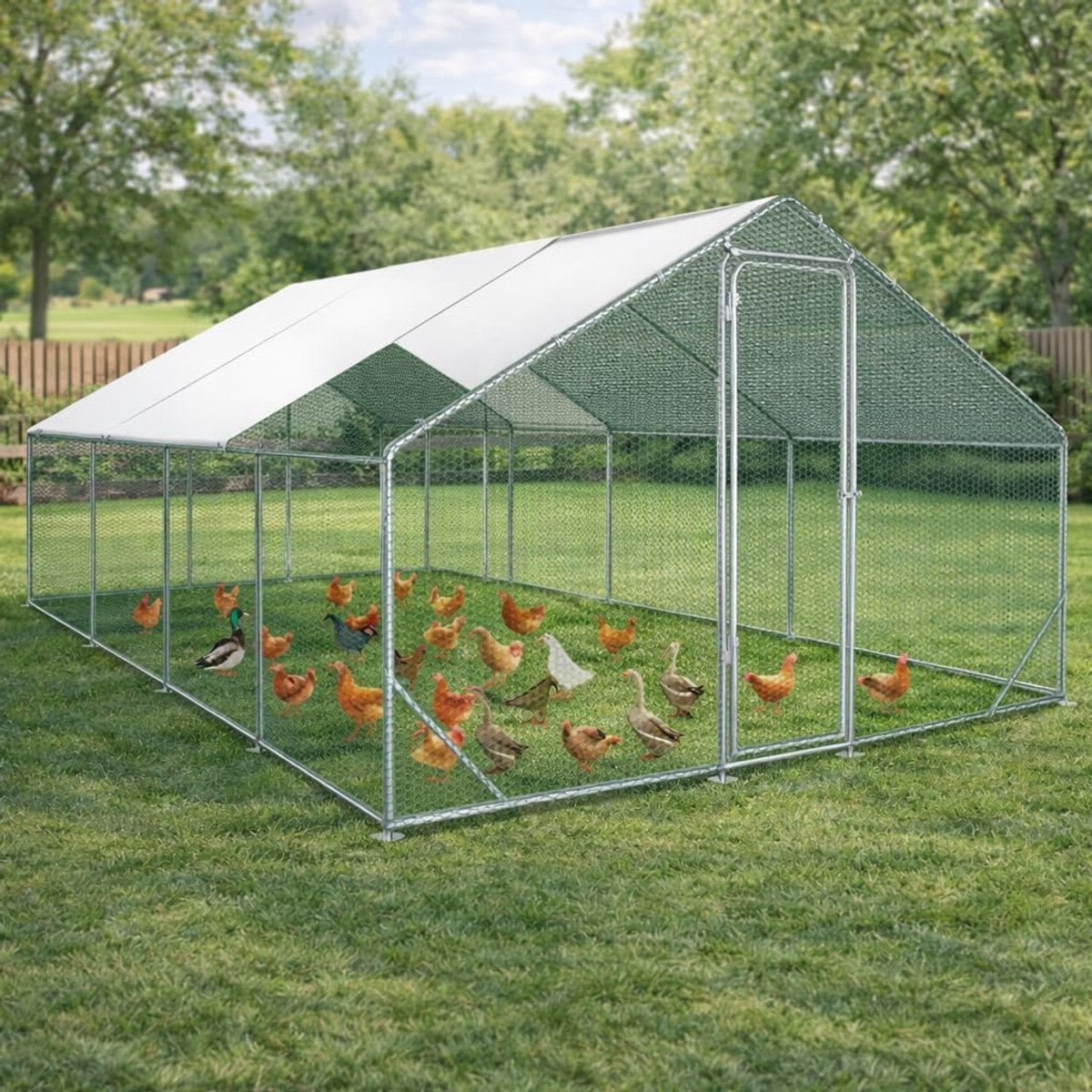 Vrijloophok met uitloop, 3 x 6 x 2 m, groot kippenhok van verzinkt staal, weerbestendig kippenhok met PE-dak, kippenhok, vrijloopstal voor tuin en erf