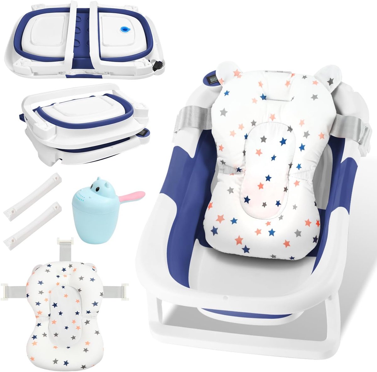 Babybadje, opvouwbaar, dubbel opvouwbaar, met badkussen, antislip, temperatuurreactieve waterstop, ruimtebesparend, stabiel, voor pasgeborenen en peuters, 0-12 maanden, blauw