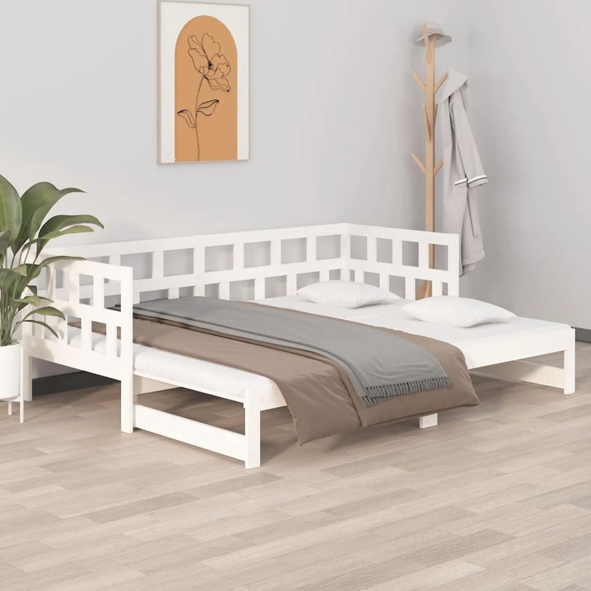 Dagbed, uittrekbaar, houten bed, sofabed, slaapbank, dagbedframe, uittrekbed, logeerbed, slaapbank voor twee personen, wit, massief grenen, 2 x (90 x 200) cm