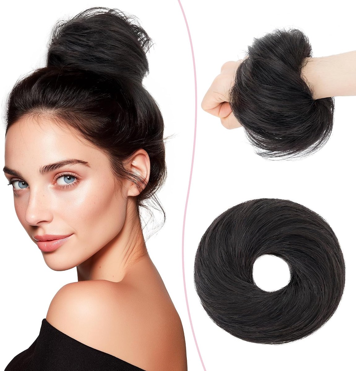 Haarextensions, 25 g, echt haar, haarstukje, glad haarelastiek, krullend, rommelig echt haar, haarstukje, haarelastiek, opgestoken kapsels, 1B# natuurzwart