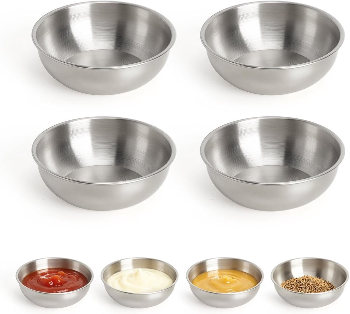 4 stuks roestvrijstalen kommen sausschaaltjes, diameter 8,5 cm, dipschalen, ronde dipschaaltjes, metalen kom, klein, voor sauzen, sushi, specerijen, snacks, voor restaurant, thuis