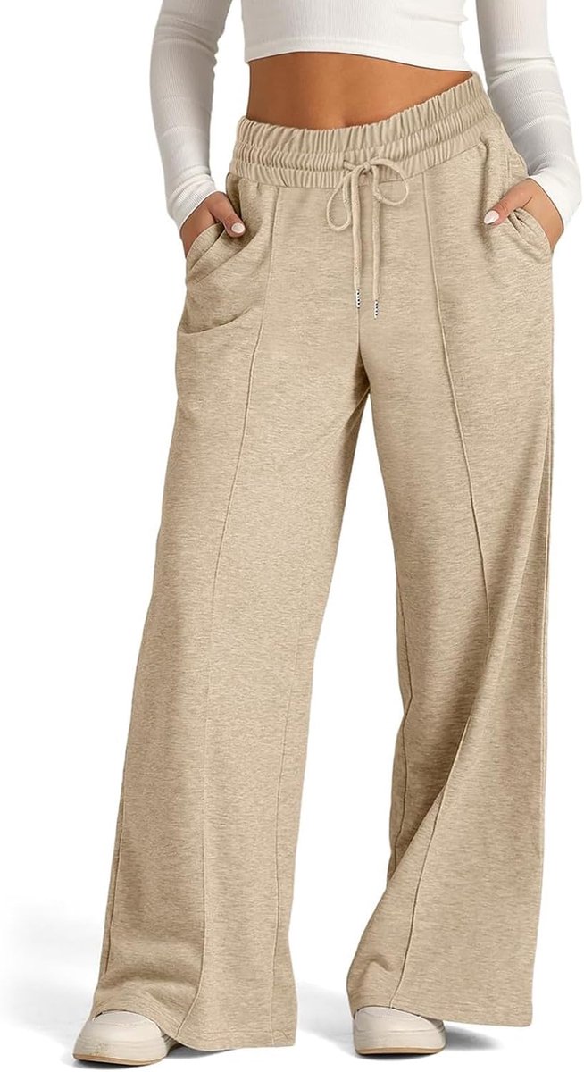 Trainingsbroek voor dames, brede sportbroek voor dames, licht, rechte joggingbroek, hoge taille, met zakken en trekkoord voor joggen, fitness, sport