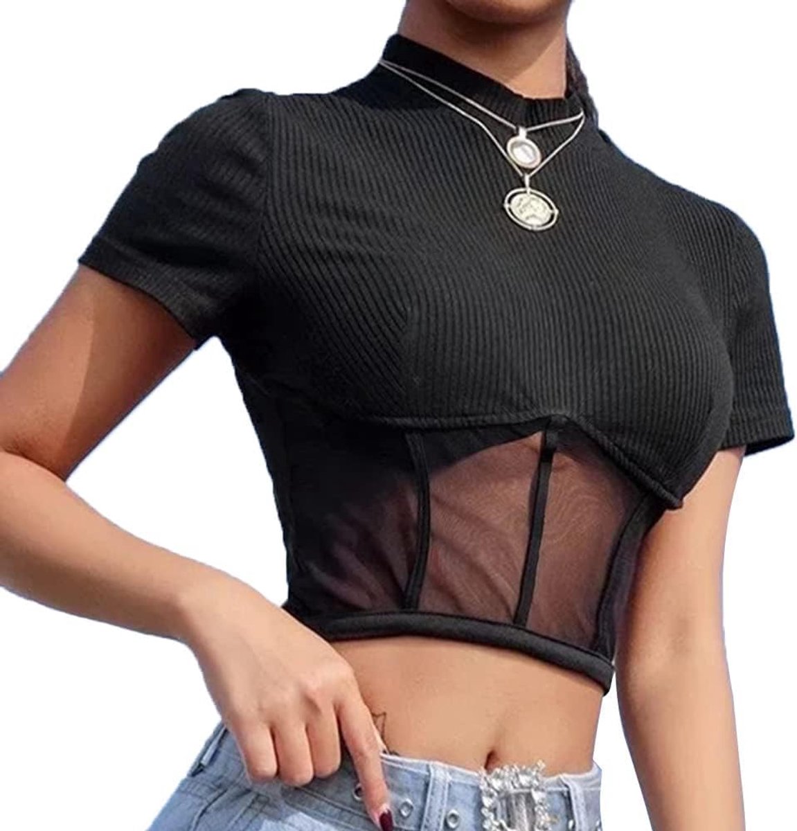 Bovenstuk voor dames, korte mouwen, met opstaande kraag en mesh-inzetstukken, transparant T-shirt, tops, nettops voor dames, crop-top, zomertop, nauwsluitend, casual