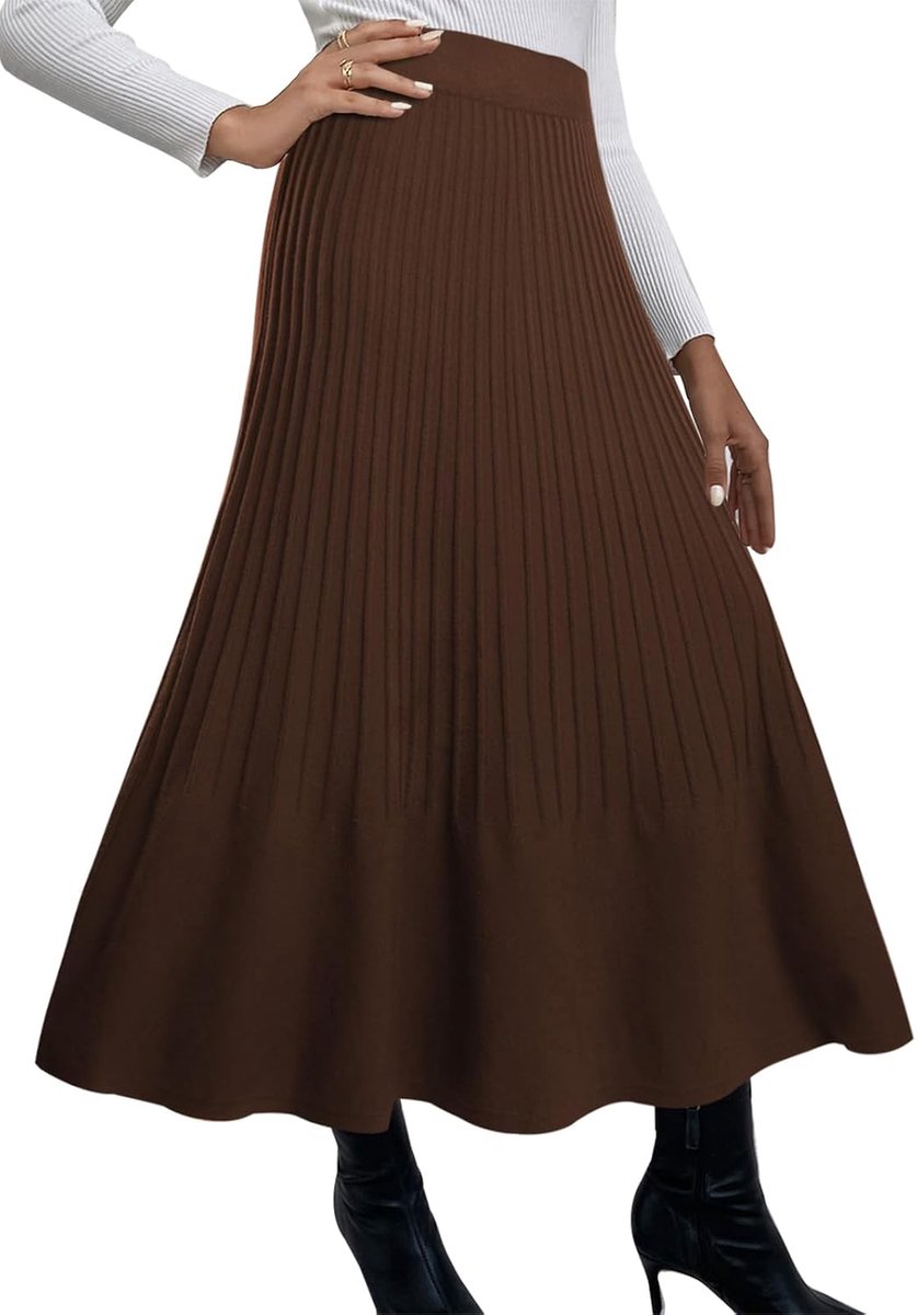 Lange rok voor dames, hoge taille, gebreide plooirok, A-lijn, winterrok, elastische tailleband