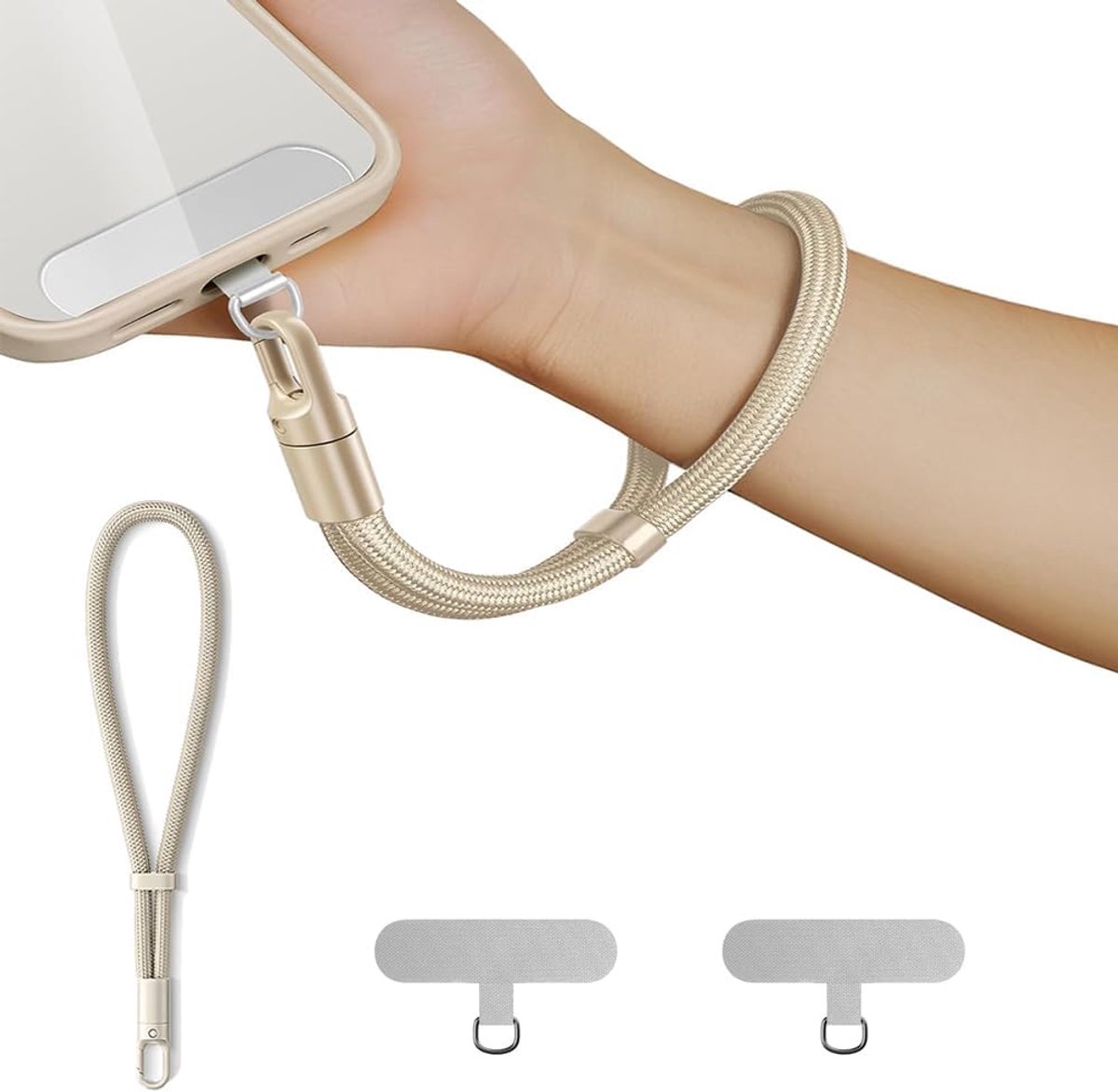 Korte telefoonketting, universeel, multifunctionele telefoonketting, polsband, mobiele telefoon met 2 stuks ultradunne patches, anti-verlies, verstelbare telefoonband, kort verstelbaar