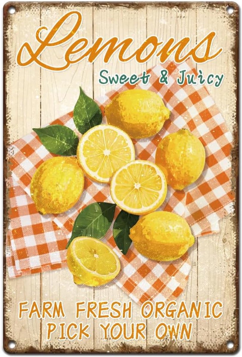 Vintage metalen tinnen bord, 20 x 30 cm, retro ijzeren fruitbord, zoete, sappige citroen, kies je eigen poster voor boerderij, land, markt, keuken, bar, fruitverkoper, woondecoratie