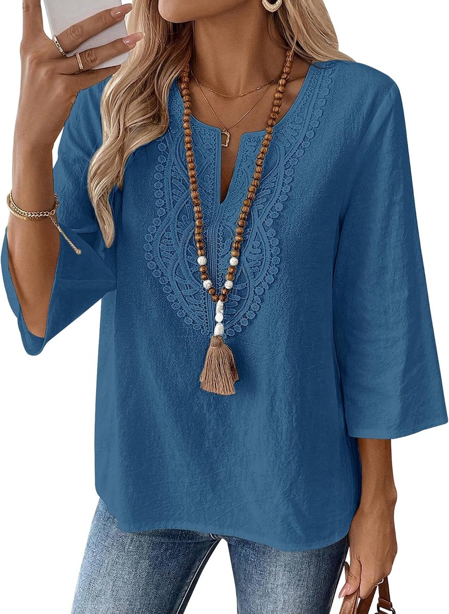 Blouse dames 3/4 mouwen elegant bovendeel V-hals katoen kant tops shirt casual loose fit tuniek