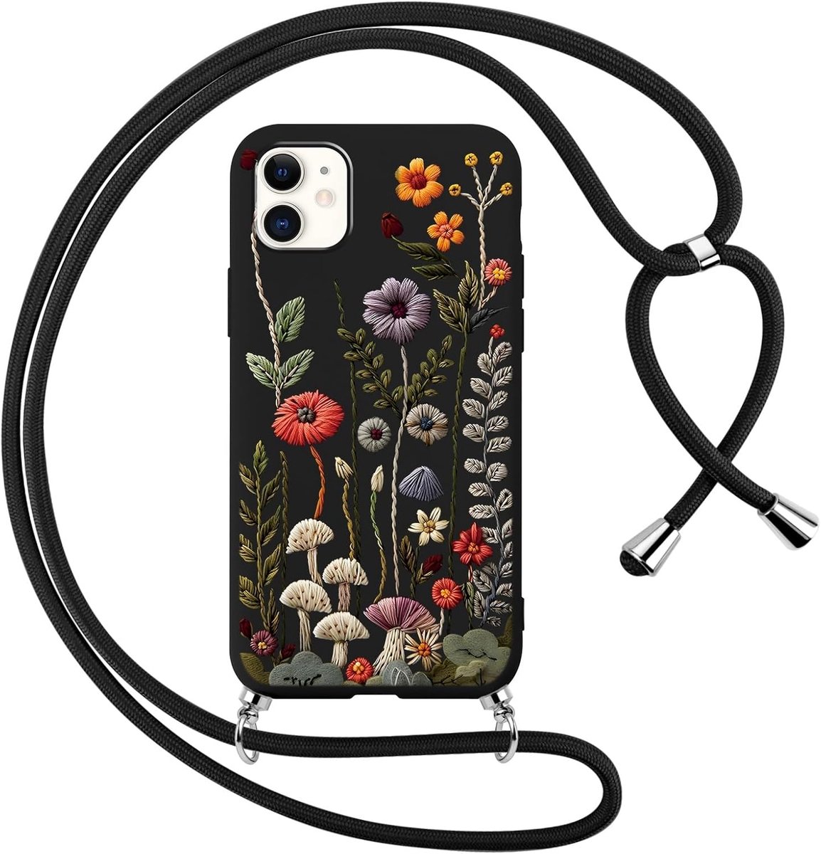 Beschermhoesje voor iPhone 12/iPhone 12 Pro van 6,1 inch (15,5 cm), halsketting, touw, schouderriem, meisjes, beschermhoes met esthetisch bloemenpatroon, dunne TPU-siliconen, schokbestendig