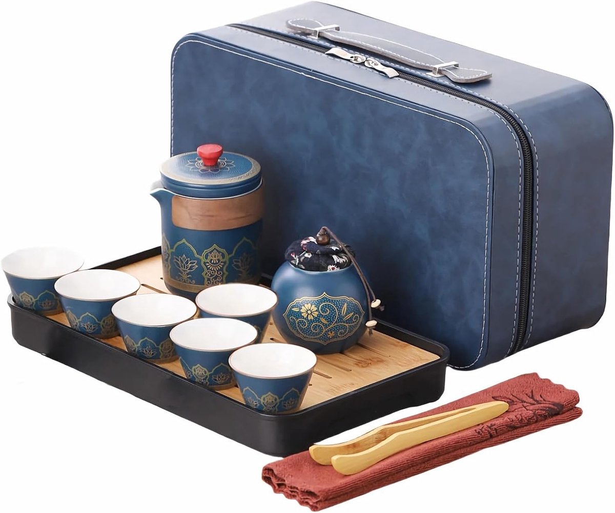 Theeservies van porselein, Chinese reistheeset met 6 keramische kopjes, kleine theepot met ingebouwde zeef voor losse thee, elegant blauw