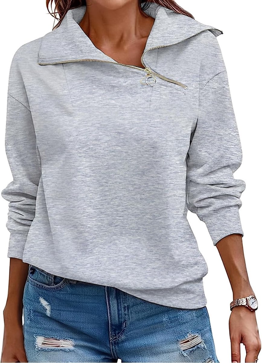 Pullover Dames Sweatshirt Herfst Kwart Ritssluiting Lange Mouwen Staande Kraag Pullover Losse Effen Casual Tops Dames