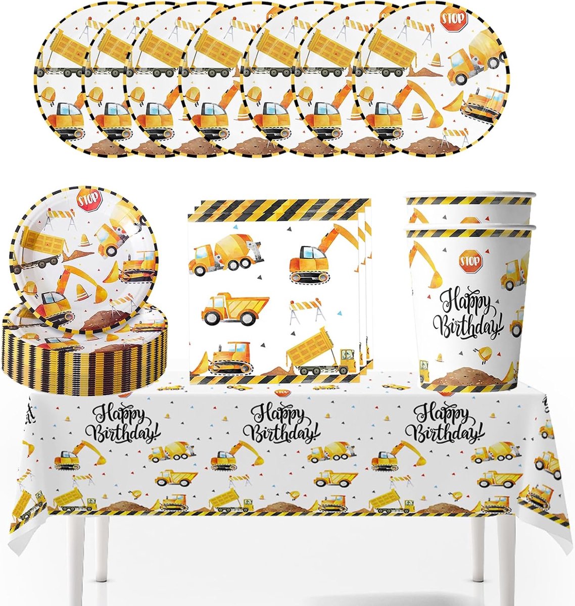 41 stuks feestservies goed voor 10 gasten, graafmachine verjaardagsdecoratie feestservies, graafmachine kartonnen bord verjaardagsdecoratie bouwplaats kinderfeest partyset