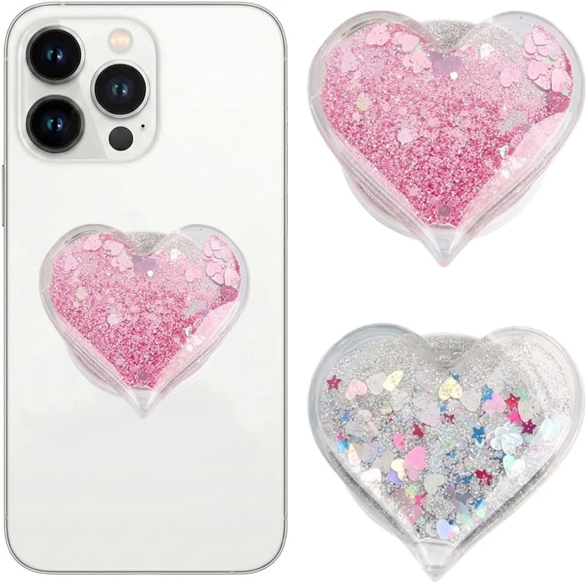 Telefoonhouder met uittrekbare handgreep in hartvorm glitter zand 2 stuks telefoonhouder basis en verstelbare handgreep voor smartphone tablet accessoires telefoon roze decoratie