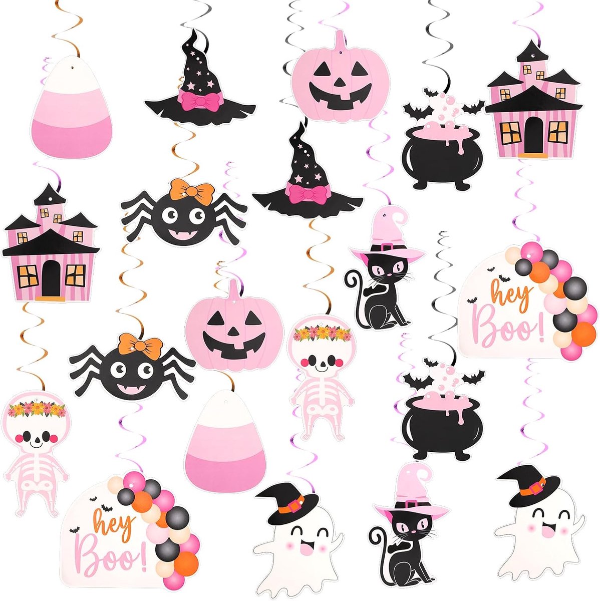 Hangende Swirl Decoraties, Roze Halloween Centerpieces Hangende Halloween Plafond Streamers Leuke Kat Spook Heks Pompoen Swirls voor Thuis Binnen Buiten Meisje Feest Kantoor