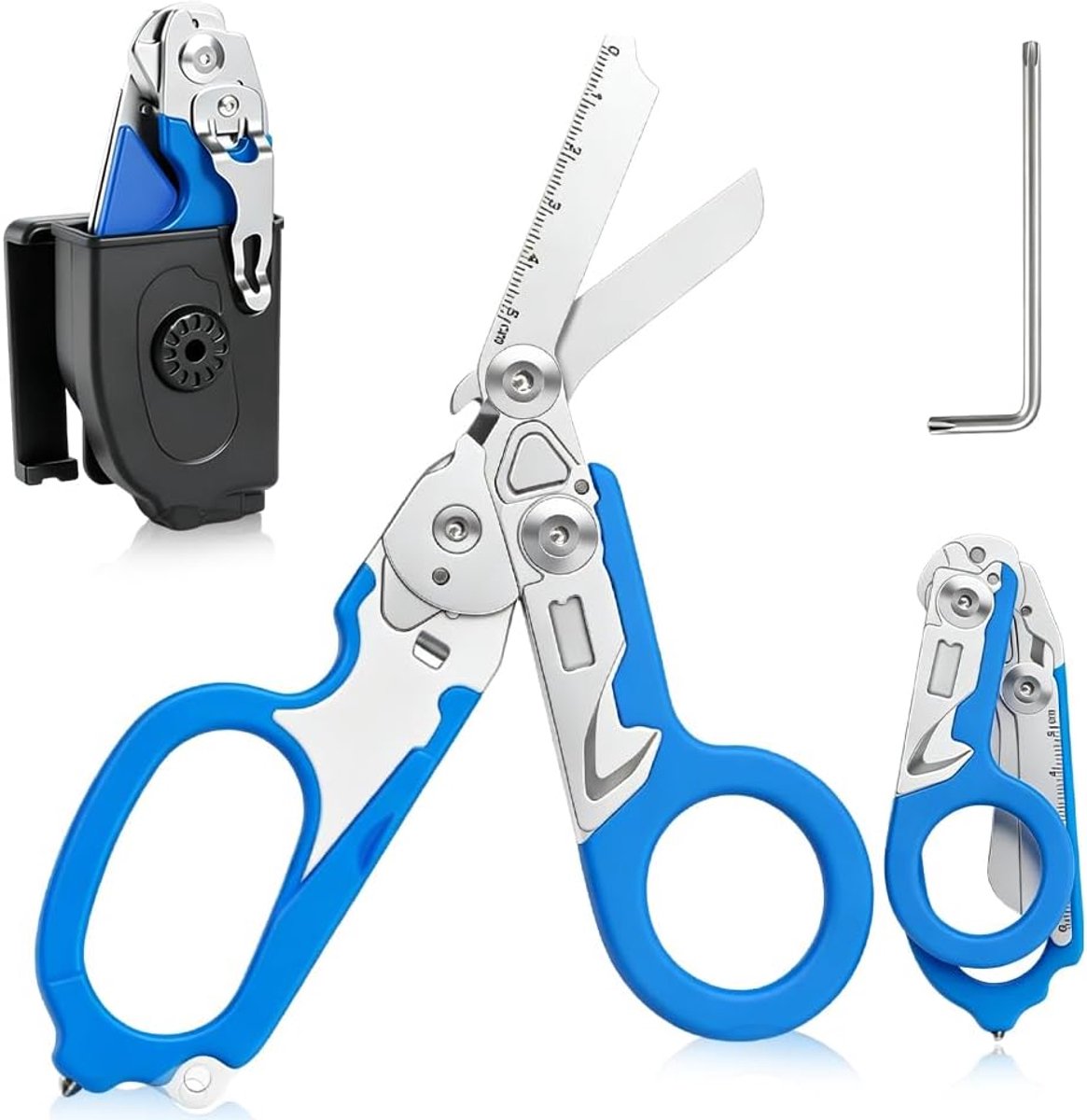 6-in-1 multitool kledingschaar, reddingsdienst, traumaschaar, reddingsdienst met moersleutel en schede, noodklapschaar, Raptor-schaar voor reddingskrachten (blauw)