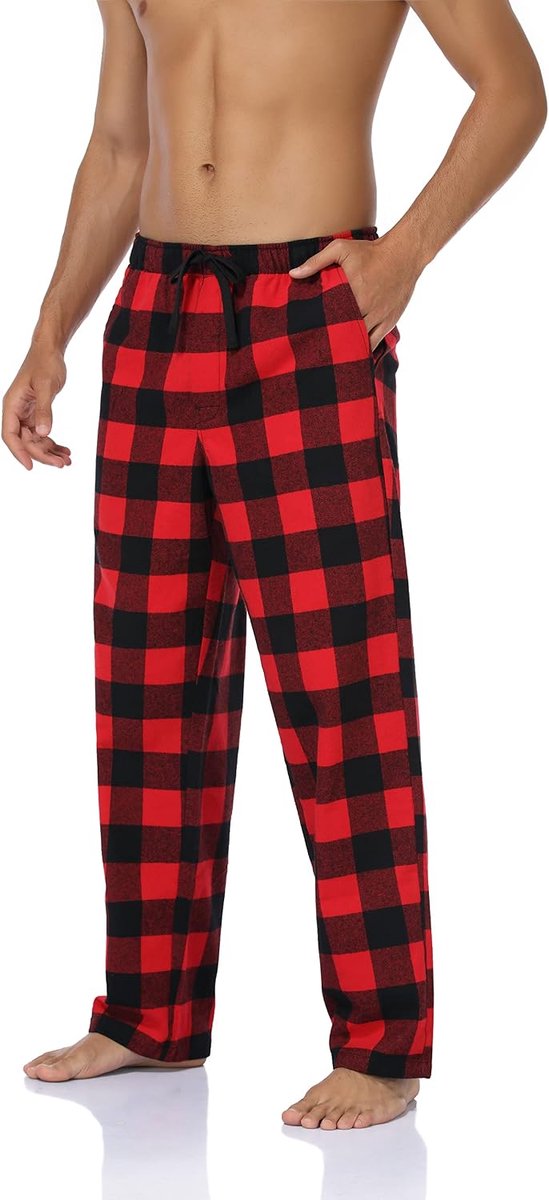 Pyjamabroek voor heren, 100% katoen, geruit, pyjamabroek, dikke flanellen slaapbroek, zachte nachtkleding voor mannen, met zakken, verstelbare tailleband met trekkoord