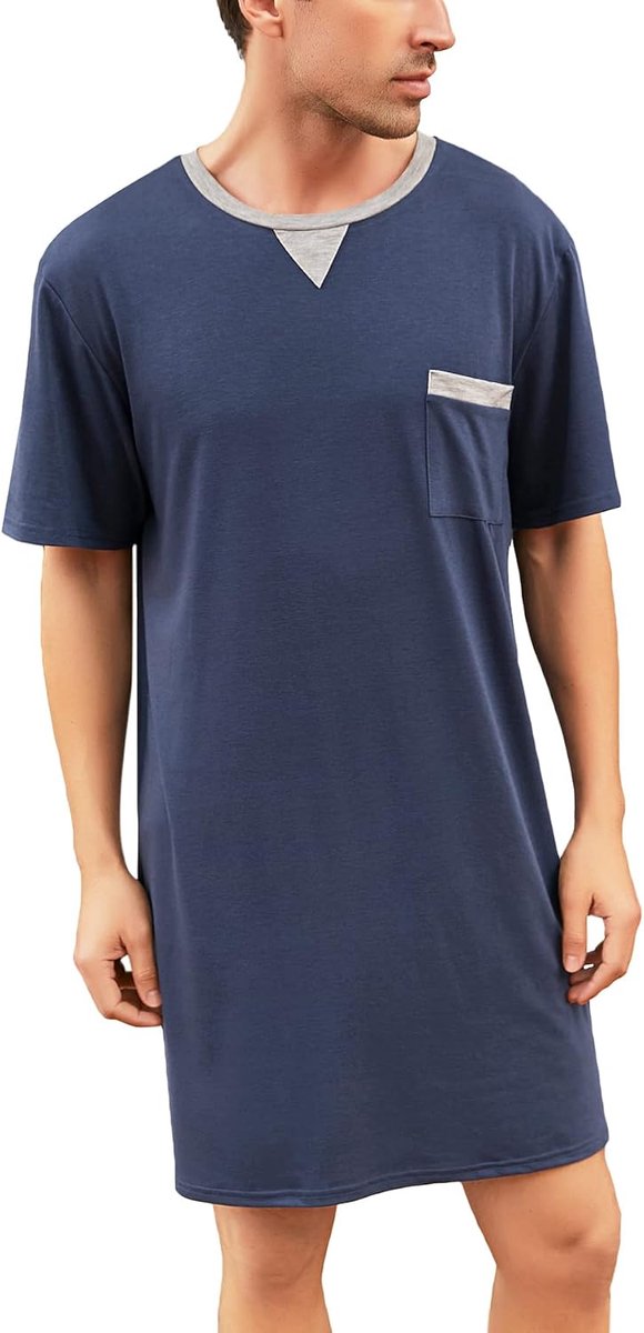 Nachthemd voor heren, katoenen pyjama met lange mouwen, korte mouwen, pyjama-bovenstuk, lang T-shirt, ronde hals met knopen, huiskleding, grote maat, zacht, comfortabel