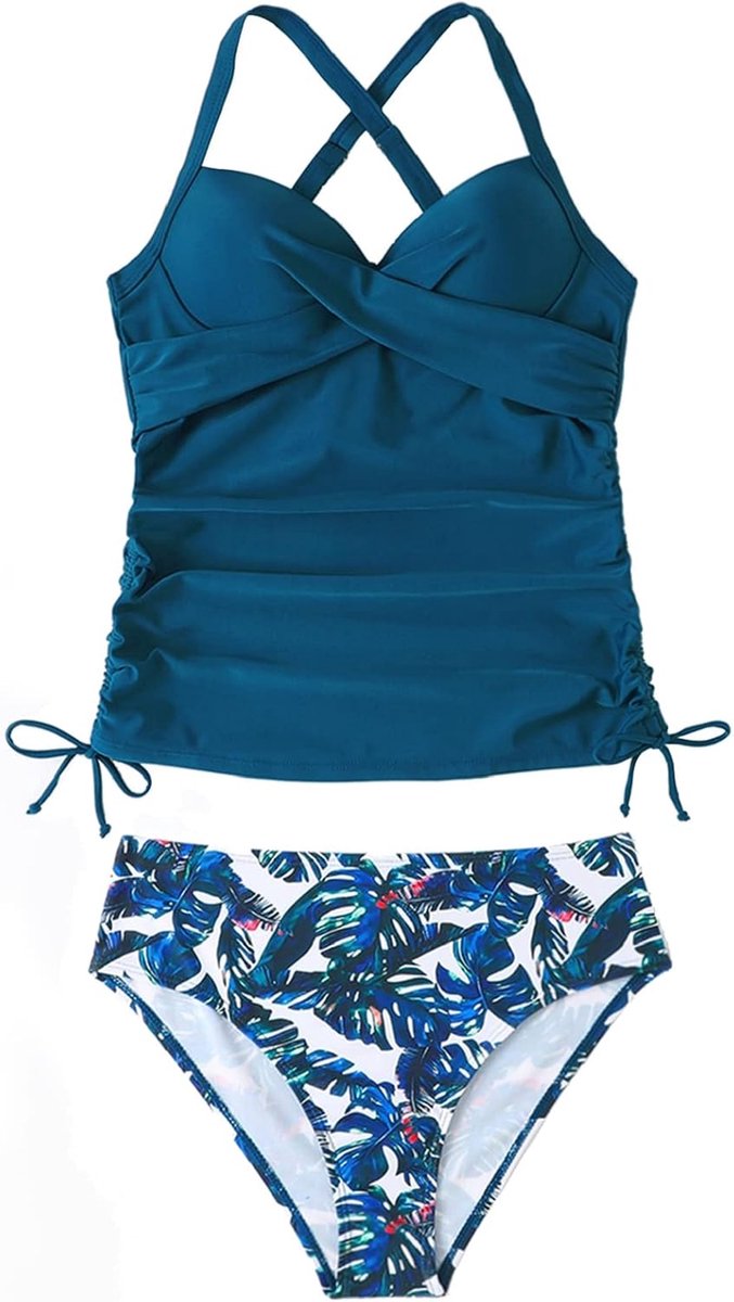 Damesbadpak, 2-delig, V-hals, vintage top bikini met trekkoord, crossover zwempak, push-up, badmode, verstelbare schouderriem, voor vakantie, strand
