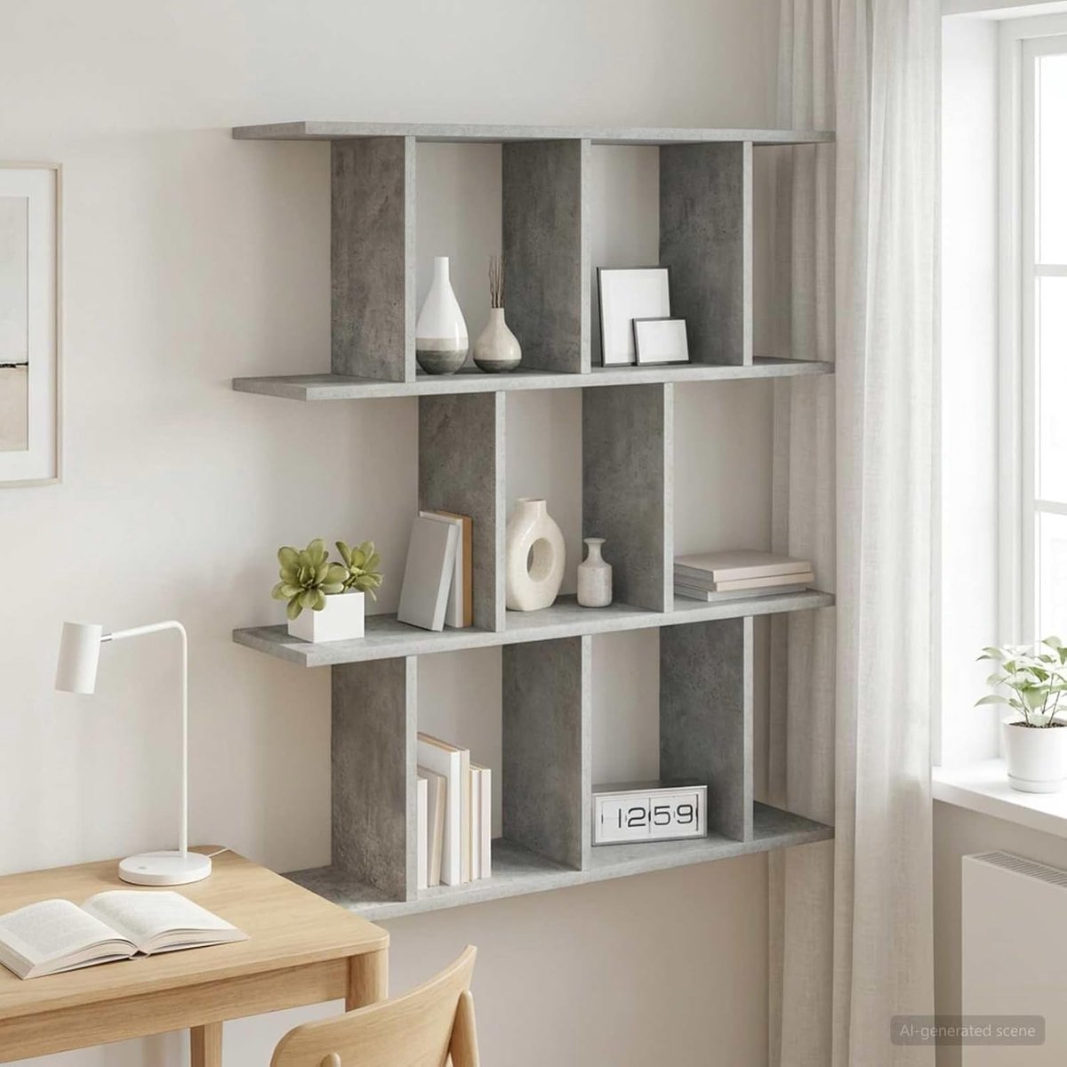 Wandrek van houtmateriaal in betongrijs, 102 x 20 x 96 cm, modern hangrek met veel opbergruimte voor woonkamer, kantoor of slaapkamer