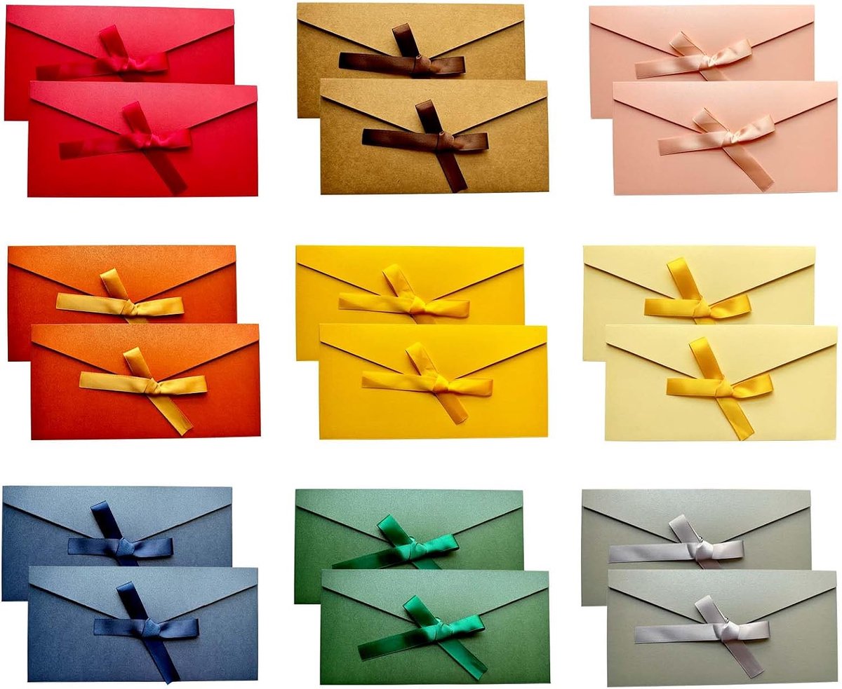 18 Stuks Kleurrijke Enveloppen met Linten,Vintage Kraftpapieren Enveloppen - 9 kleuren, 22 x 11 cm voor Handgemaakte Uitnodigingen,Kerstmis, Thanksgiving, Bruiloft en Verjaardag