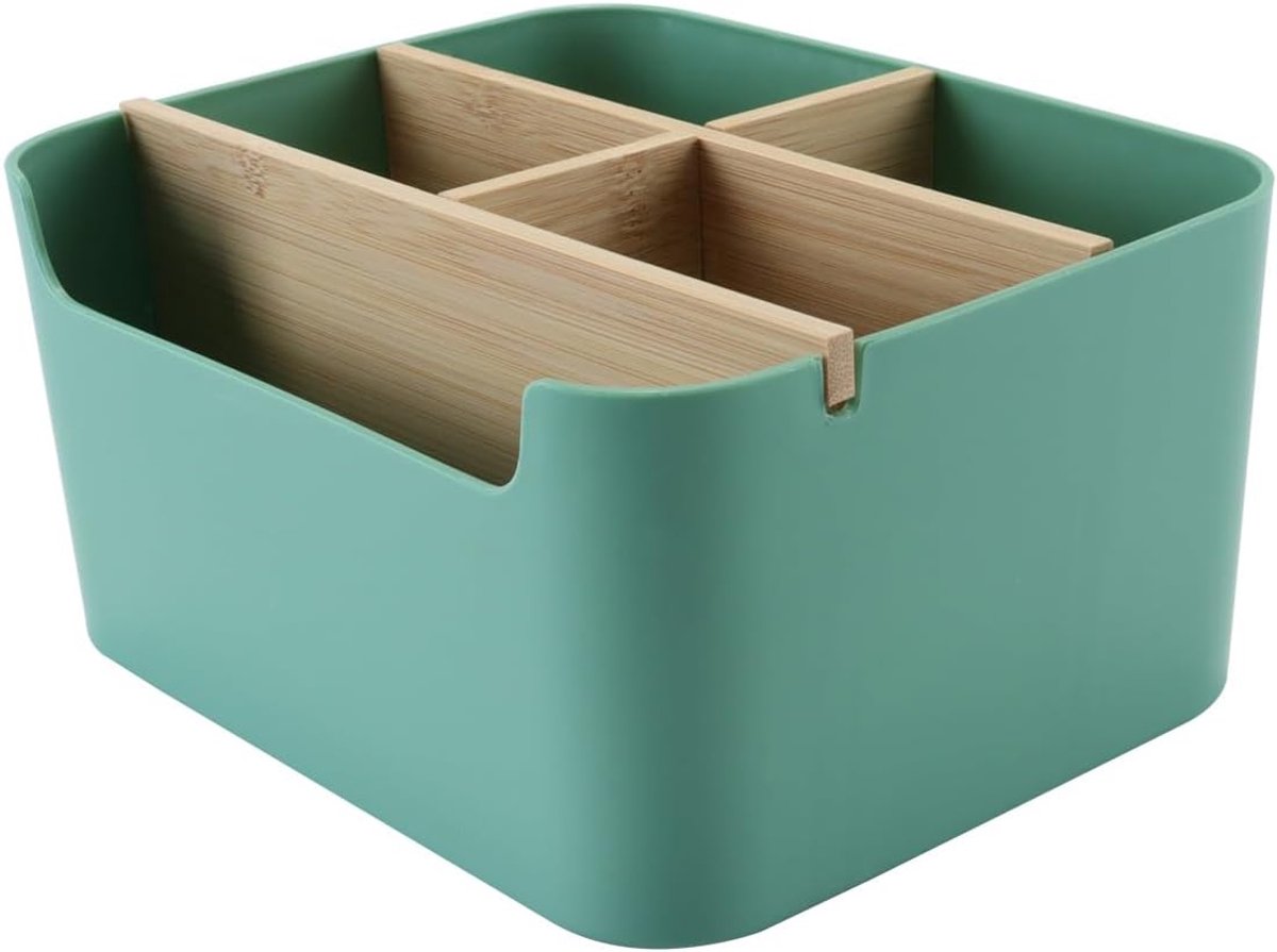 Bureau-organizer, 5 compartimenten, afneembare bamboe en houten scheidingswand, opbergdoos met pennenhouder, opbergdoos, bureau-organizer (groen)