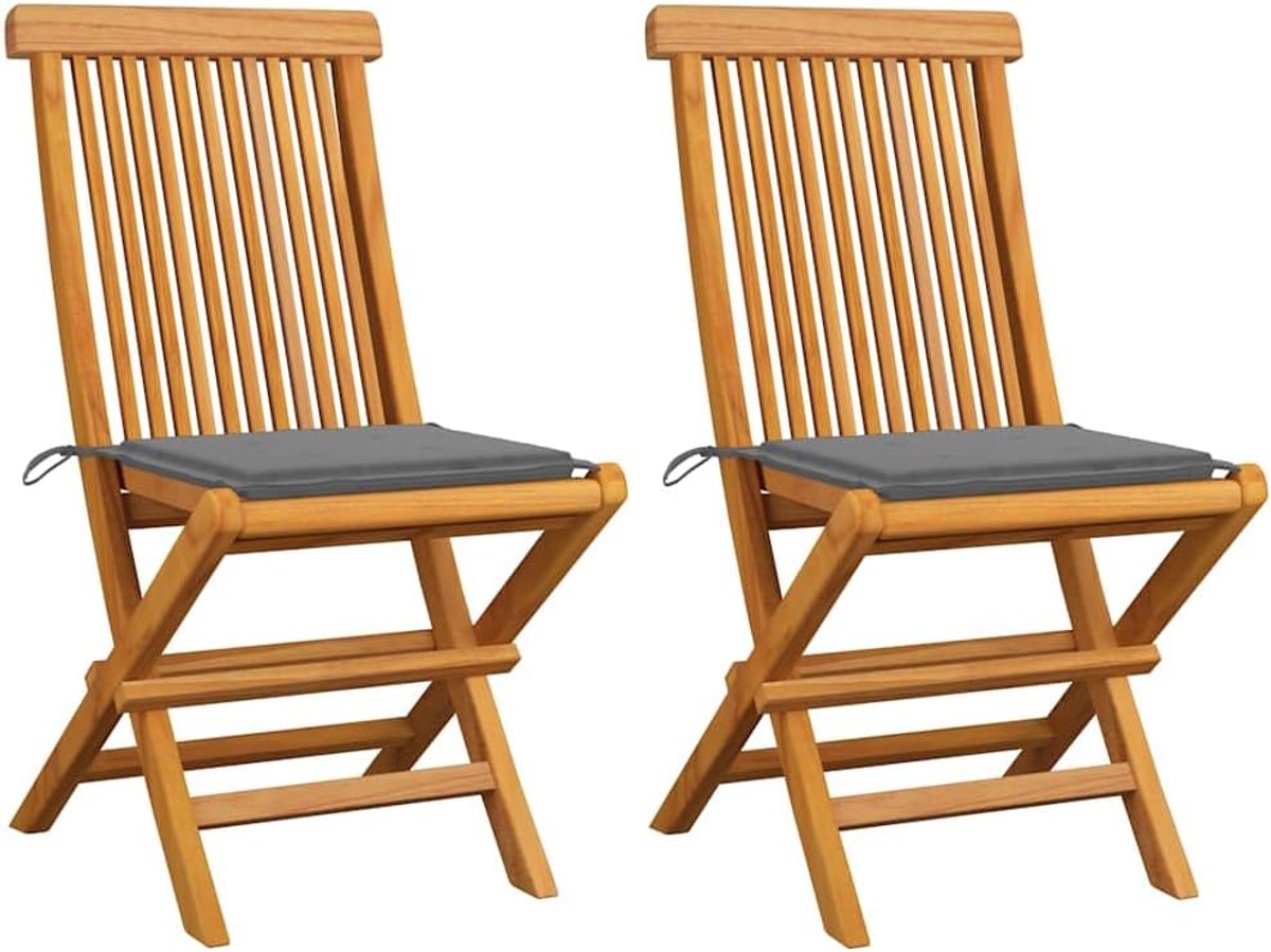 Tuinstoelen van massief hout teak met grijze kussens, 2 stuks, voor terras en balkon, weerbestendige vouwstoelen met bekleding, elegant design en eenvoudig