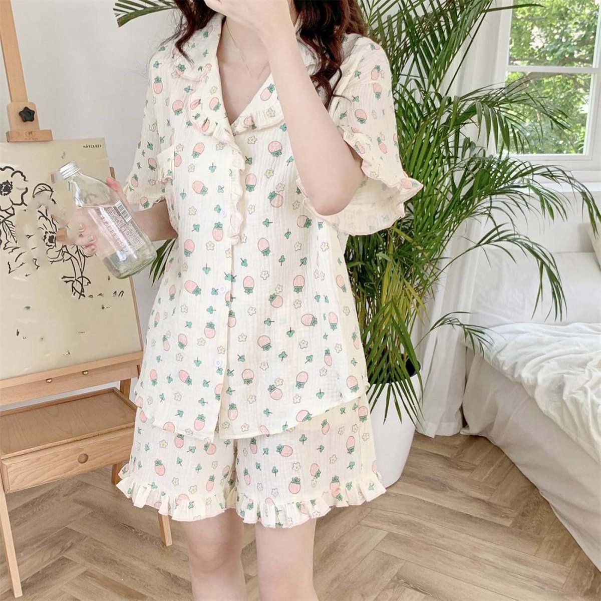 Pyjamasets Met Revers Voor Dames - Zomer Zoet Lief En Schattig Bedrukt Aardbei Franse Tuin Korte Mouwen Mooie Nachtkleding, Dames Chic Homewear Casual Nachtkleding Tender Populair Slaapshirt Zusters