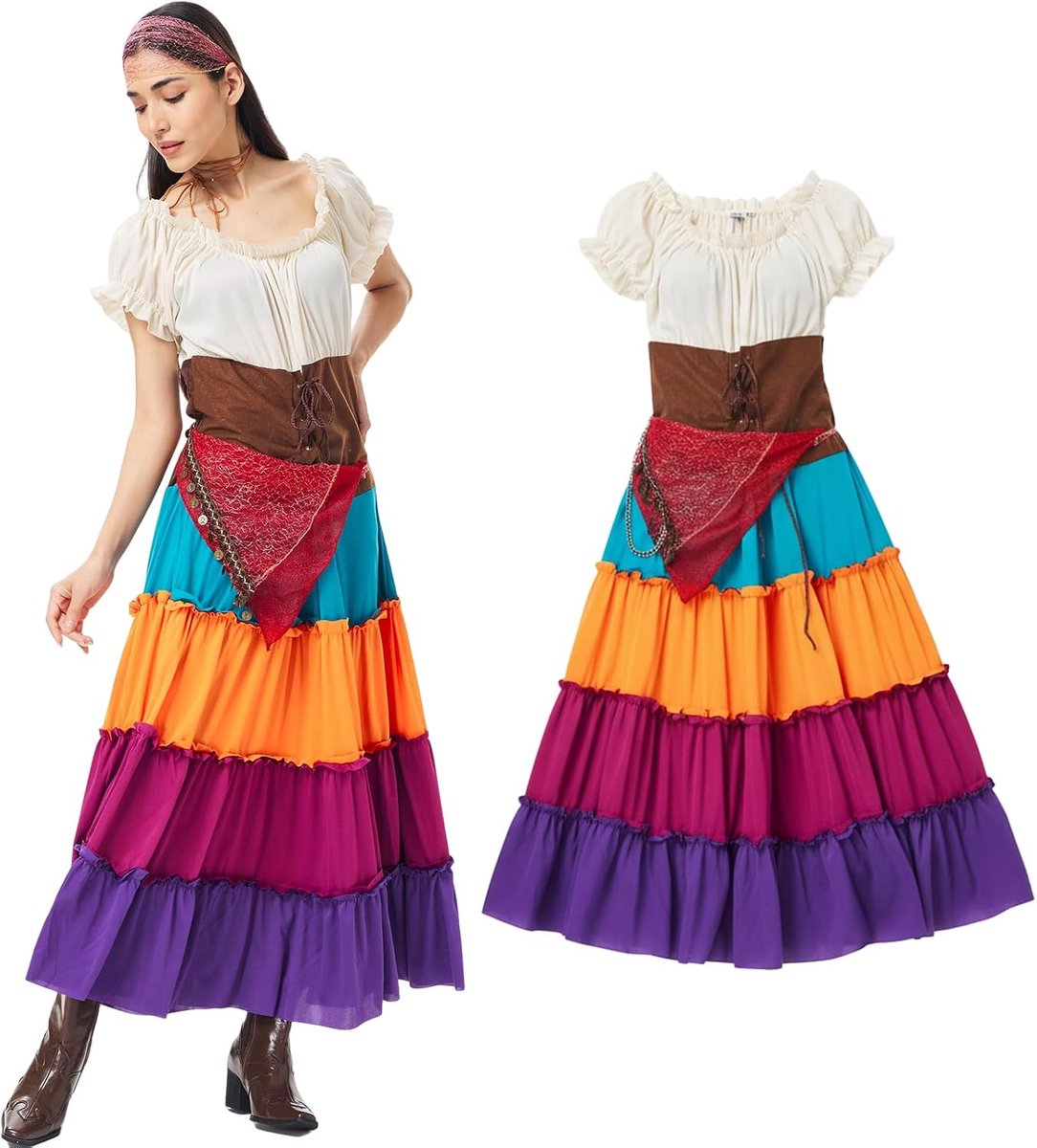 Tovenkostuum met rok, piratenoutfit, rollenspel, verkleedset, riem en hoofddoek