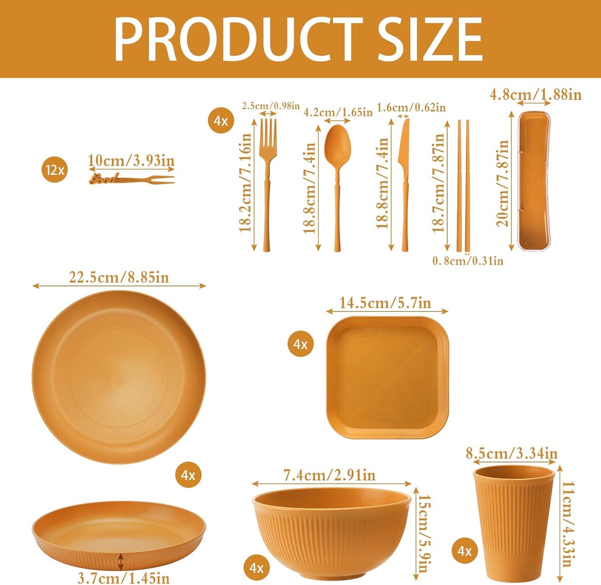 48 stuks campingservies, plastic onbreekbare serviesset voor 4 personen met borden, dessertborden, kommen, kopjes, bestek, fruitvork, BPA-vrij, serviesset, licht, voor kinderen en volwassenen