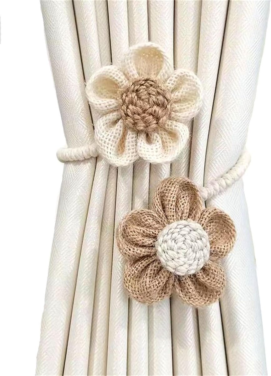 Dailygoods- Gordijnhouders Handgemaakt - 6 Stuks - Elastische Gordijnhouders - Katoen/Linnen - Beige/Kaki - 53 cm Lengte - Gordijnstrik