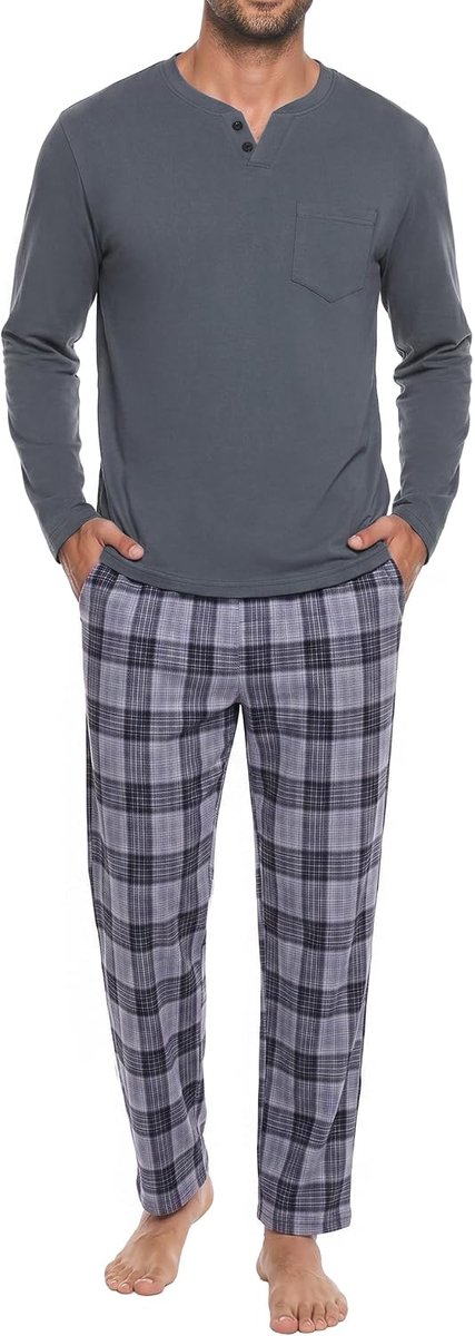 Henley geruite loungenachtkleding met lange mouwen