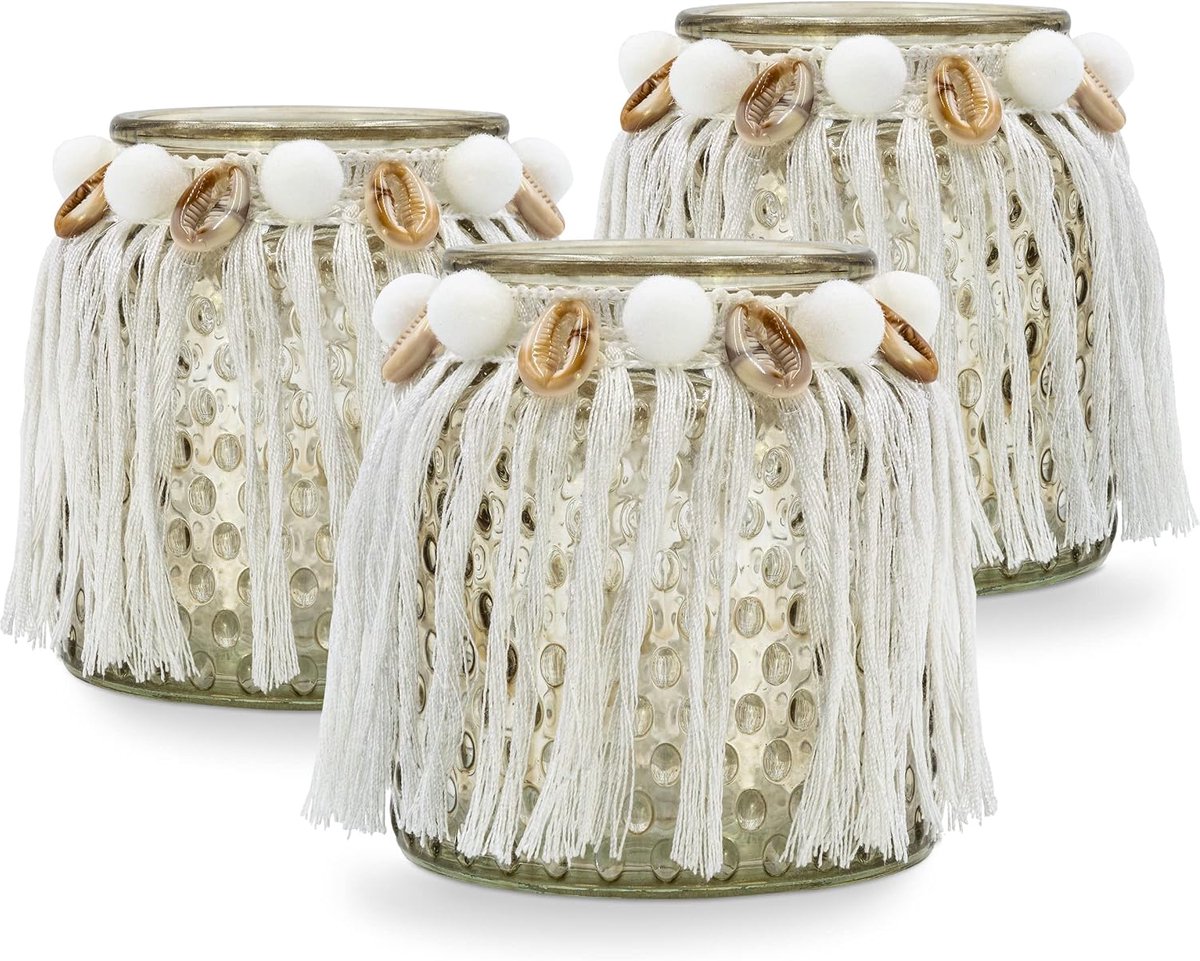 Set van 3 maritieme theelichtjes met schelpen, boho windlichten voor binnen en buiten, boho-bruiloftsdecoratie
