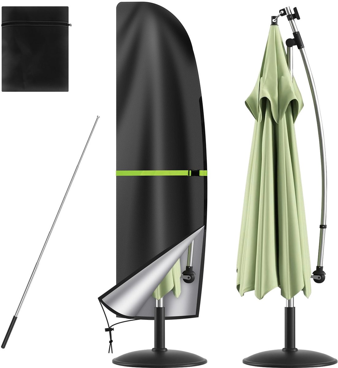 Famanu Beschermhoes voor zweefparasol, 210D pvc-coating, afdekking voor zweefparasol, 2 tot 4 m, afdekhoes voor parasol, tuin, met stang, waterdicht, uv-bestendig, winddicht, 280 x 30/81/45 cm wit