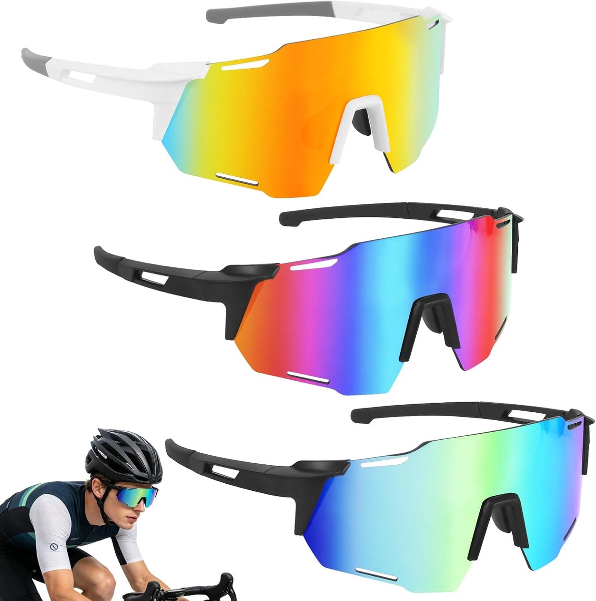 Snelle bril, 3 stuks, fietsbril voor dames en heren, sportzonnebril, UV400-veiligheidsbril, gepolariseerd, winddicht, voor heren en dames, voor vissen, racefietsen, sport