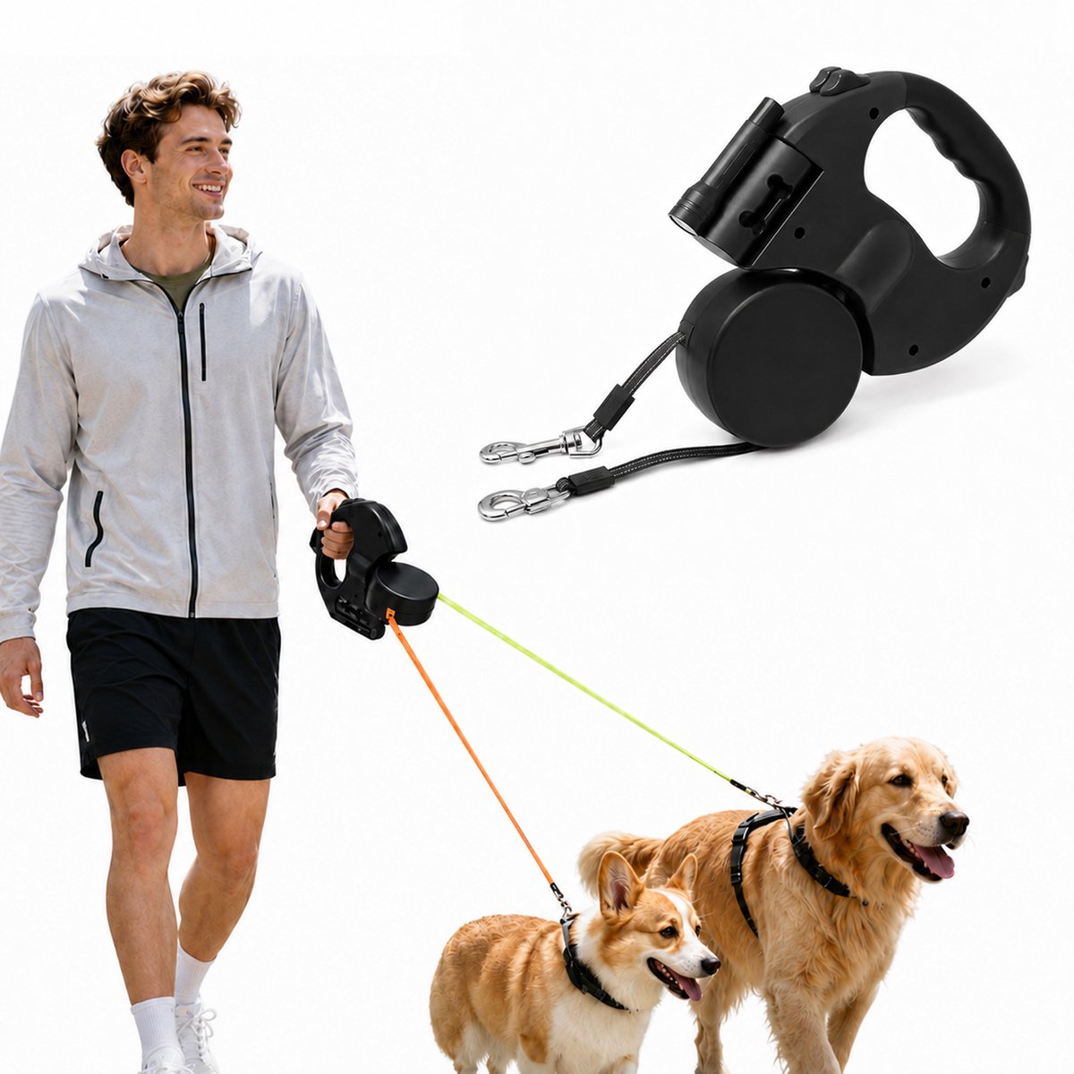 2-in-1 Uitschuifbare Leiband - Voor Middelgrote En Kleine Honden - 3 Meter - Met LED-verlichting En Opbergbox - Zwart
